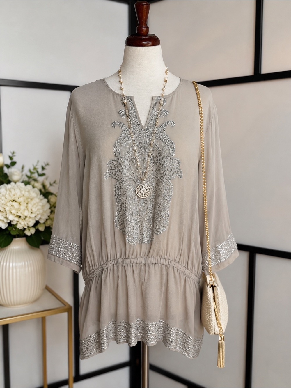 Chico’s Silk Embroidered Tunic Top Size 3 XL/16 NWT Metallic Taupe Boho Luxury